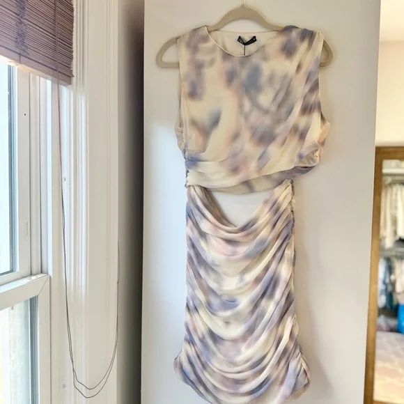 NEW | ZARA MESH PASTEL TIE DYE RUCHED CUT OUT SLEEVELESS MINI DRESS - Picture 4 of 9